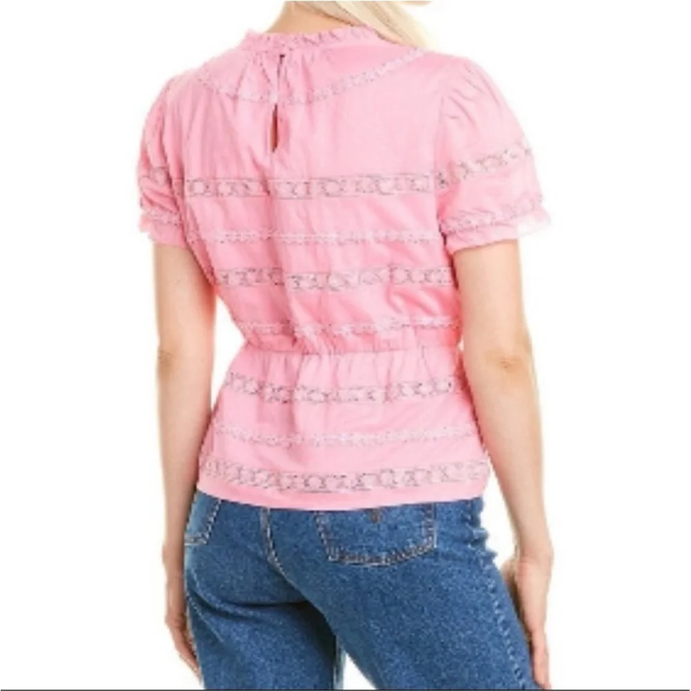 J. Crew Pink Short-Sleeve Lace-Trim Blouse - Size Small